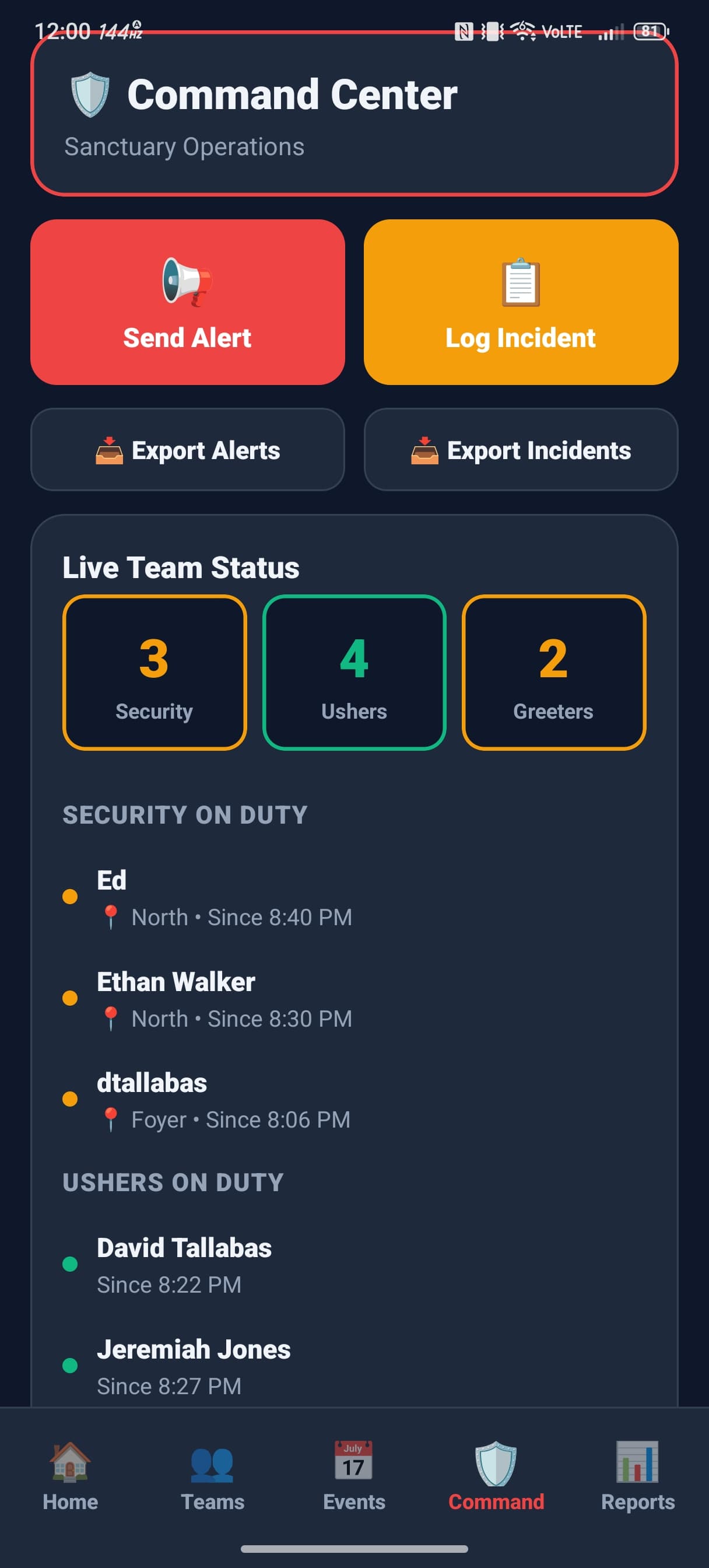 Live Command Center screen in the iDecree app