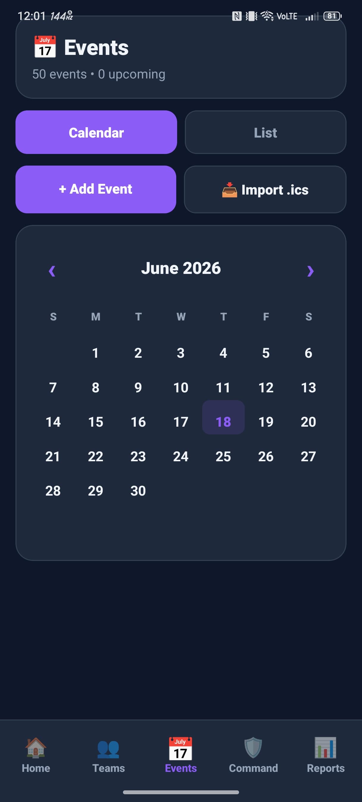 Events & Special Services screen in the iDecree app