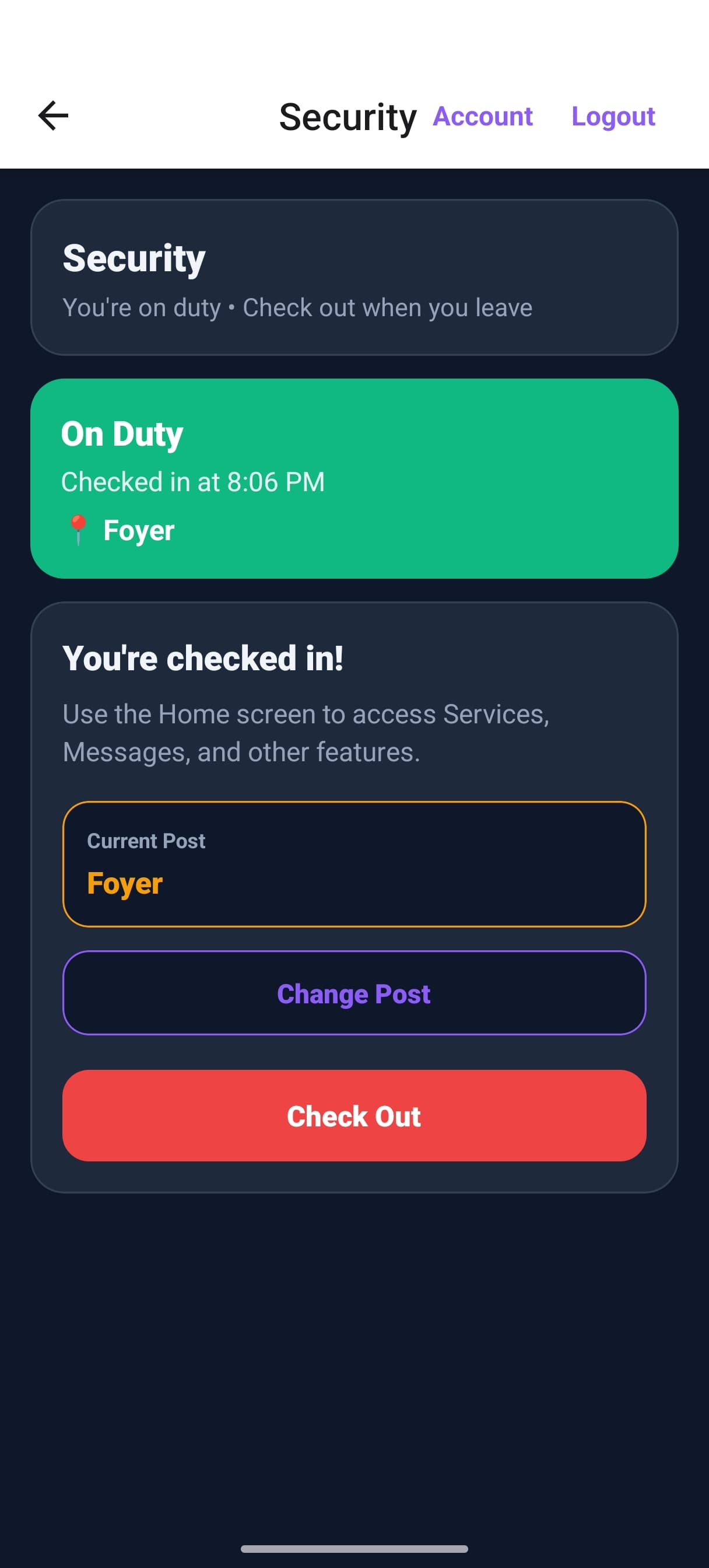 Role-Based Check-In screen in the iDecree app