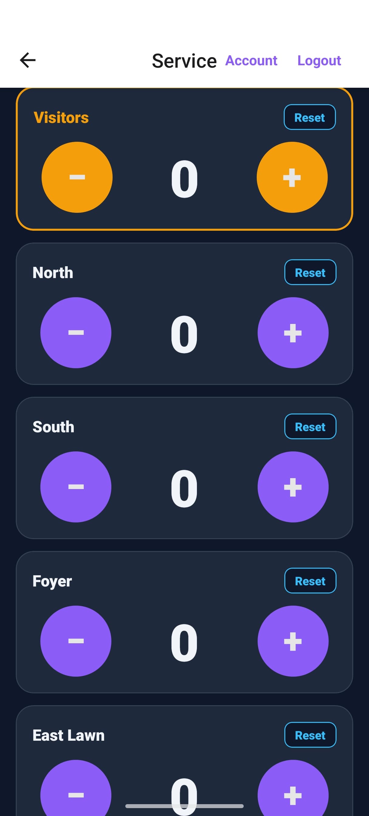 Real-Time Counts by Area screen in the iDecree app